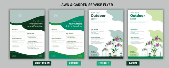 Flyer design template for lawn care and gardening services. Design of a poster leaflet promoting gardening and tree services. Template for lawnmower flyers. Lawn and gardening service flyer design tem