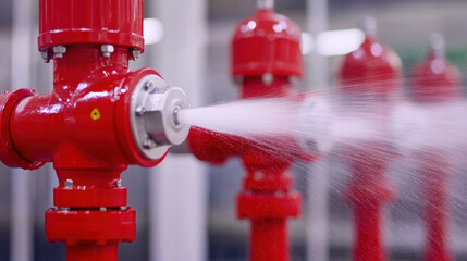 Fire sprinkler system activated, water spraying from red pipes in industrial setting, ensuring safety and fire prevention