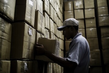 Fototapeta premium Worker Stacking Boxes in Warehouse Environment
