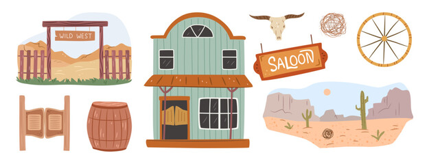 Western cowboy tavern, saloon sign board and vintage rustic wild west entrance. Vector desert with cactus and rocks, old wooden barrel and wheelstone, bull skull and tumbleweed. Arizona timber arch