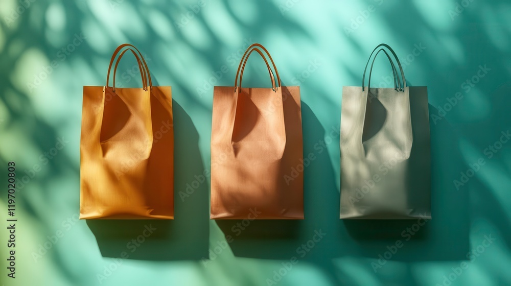 Poster three colorful paper bags are displayed against a blue background, creating a vibrant and stylish vi