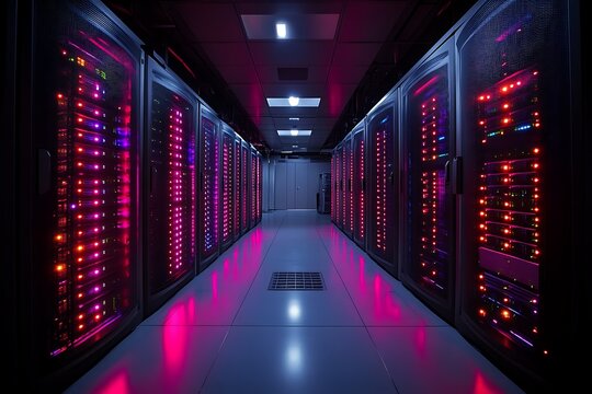 Illuminated server room corridor with racks.