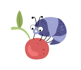 Smiling caterpillar sitting on cherry. Vector isolated funny creature with long segmented cylindrical body with stripes and pairs of legs. Larval stage of butterflies and moths with fruit