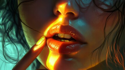 Close-up of lips with finger touching, luminous light.