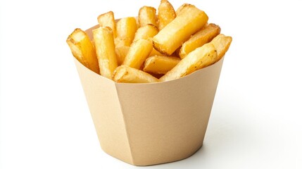 Delicious crispy fried potatoes presented in a simple brown paper container. Perfect for a quick snack at any time or a side dish with meals. Great for enjoying at home or on the go