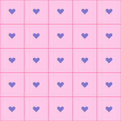 Seamless geometric pattern with small purple hearts in outlined squares on a pastel pink background. Cute aesthetic design for girly-themed projects, scrapbooking, packaging, etc.