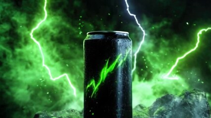 An energy drink can stands prominently against a dark background illuminated by striking green lightning. The atmosphere is intense and energizing, highlighting the product's bold presence