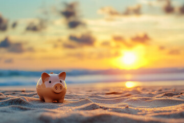 piggy bank on beach at sunset, symbolizing savings and dreams