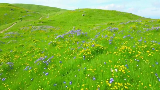 rolling Hills and wildflowers 4k HD video. expansive green hills dotted with colorful wild flowers. 