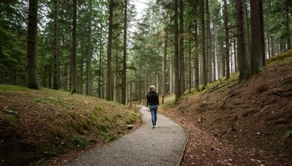 Obraz premium A narrow, winding forest path with one person walking alone, symbolizing independence, self-discovery, and unique choices