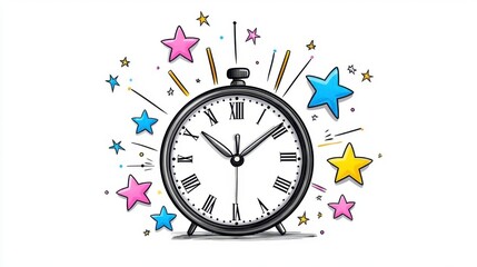 A simple line art drawing of a clock surrounded by stars and sparkles.