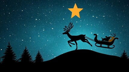 A simple line art of reindeer pulling Santaâ€™s sleigh, flying across a starry sky.