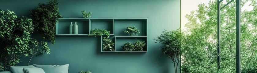 A modern interior with green walls, stylish shelves displaying plants, and large windows allowing natural light, creating a fresh and serene ambiance.