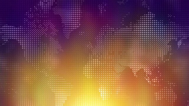 Dynamic, loopable animation of a world map created from glowing grid of halftone dots against a shifting purple and orange background, futuristic pattern, global communication and data visualization