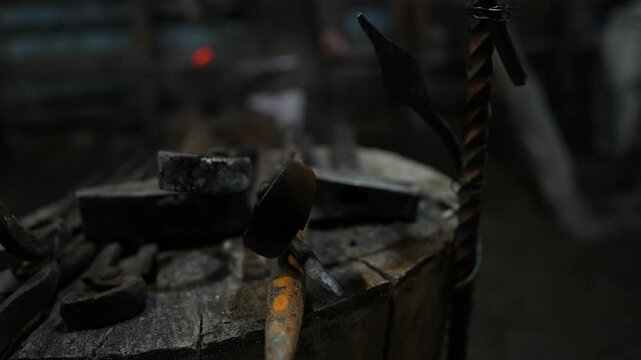 Iron Tools Blacksmith Workshop, Hammer Tongs Anvil Forge Crafting Traditional Metalwork in Rustic Setting