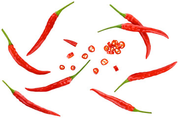 Scattered collection ripe red hot chili peppers Thai and sliced, isolated on a transparent background. Top view.