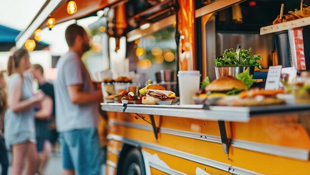 Vibrant food truck scene showcasing delicious meals being prepared and served at a lively outdoor event