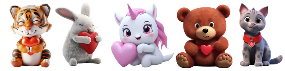 PNG Adorable plush animals with hearts, element set on transparent background