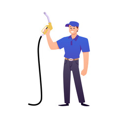 Man refueler in blue uniform holding petrol pump, refilling hose gun, vector cartoon gas or petrol fuel station staff