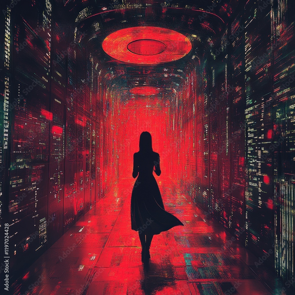 Aufkleber data protection awareness event futuristic city digital art red environment abstract viewpoint secur