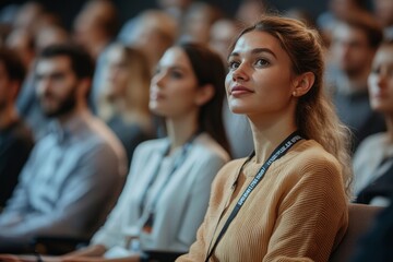 Obraz premium Large group of entrepreneurs attending business seminar at conference hall. Generative AI