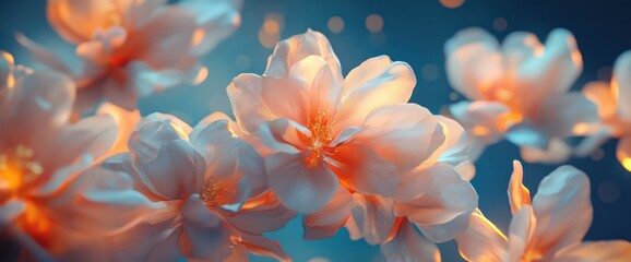 Glowing blossoms float, dark blue backdrop, spring