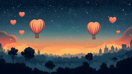 Obraz premium A flat cartoon design of a romantic hot air balloon ride over a scenic February landscape, with heart-shaped balloons and a starry sky