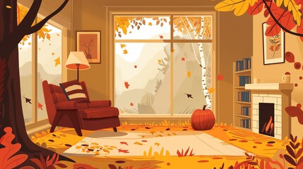 A cartoon illustration of a living room with autumn leaves on the floor, a fireplace, a bookshelf, and a comfy armchair near a window with fall foliage outside.