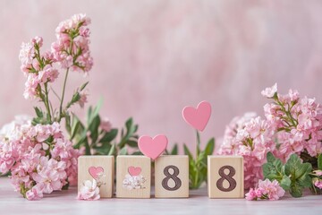 Obraz premium Soft Pink Floral Arrangement with Wooden Blocks Displaying Number 8 Surrounded by Fresh Flowers and Heart Shapes for Celebrations and Anniversaries