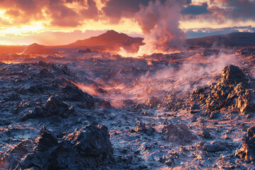 Naklejka premium Volcanic Landscape with Steam at Sunset