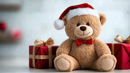 A teddy bear wearing a Santa hat, sitting among presents.