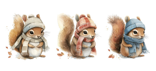 Cute cartoon winter squirrel wearing a scarf and beanie vector illustration isolated on white background