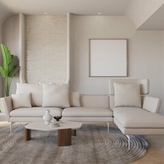 modern contemporary living room with two poster mockup framed and sofa set. 3d illustration