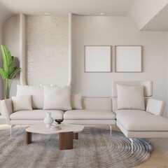 modern contemporary living room with two poster mockup framed and sofa set. 3d illustration