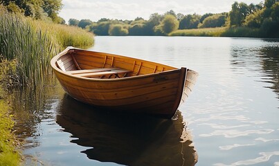 Obraz premium Wooden rowboat on calm river, tranquil nature. Use Relaxation, travel