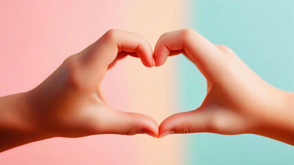 Fototapeta premium Two hands forming a heart on a pastel background, eternal love, valentine's day
