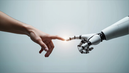 Human and robot hands touching in sleek minimalistic space, unity of technology