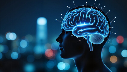 Futuristic digital brain illuminated in urban nightscape, AI concepts
