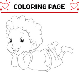 boy with curly hair is laying down coloring page for kids