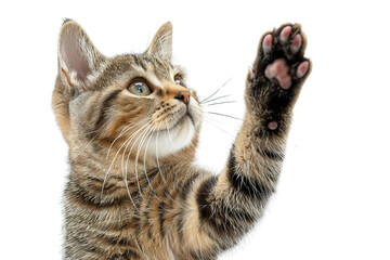 Fototapeta premium Playful cat reaching for the sky indoor setting animal photography bright environment close-up view whimsical concept