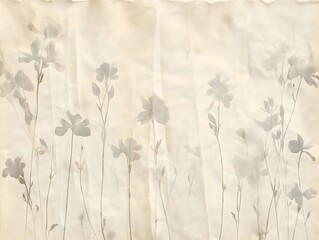 A weathered vintage paper pattern with soft beige tones, deckle edges, and faint tea stains, featuring subtle floral overlays