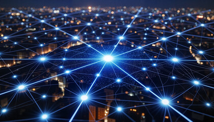 Futuristic digital network grid glowing over urban cityscape at night