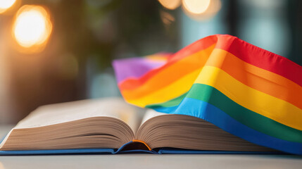 open book with rainbow flag draped over it, symbolizing inclusivity and diversity
