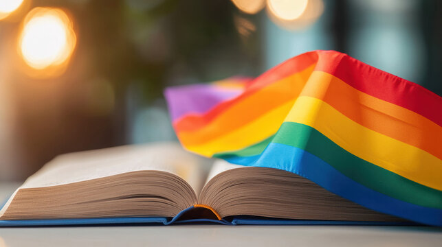 open book with rainbow flag draped over it, symbolizing inclusivity and diversity - Powered by Adobe