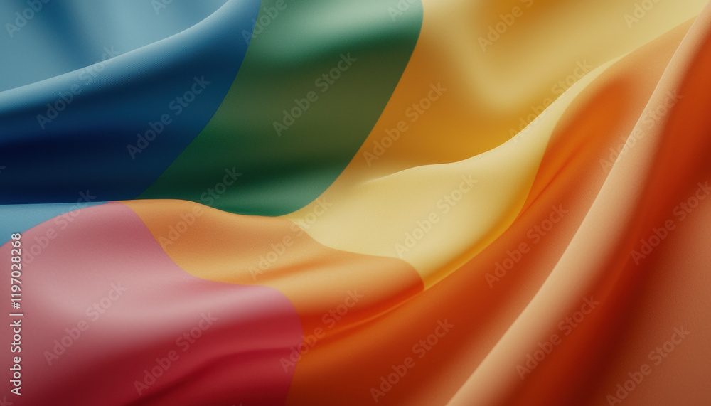 Poster vibrant fabric waves in blue, yellow, orange, and pink colors create dynamic visual. smooth texture 