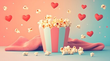 A flat illustration of a romantic movie night setup, with popcorn, a cozy blanket, and heart-shaped decorations, styled in vibrant pastel tones