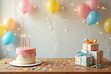 A charming wooden table set for a birthday party with a colorful cake, balloons, and wrapped gifts. The inviting setup captures the joy of celebrating a special day