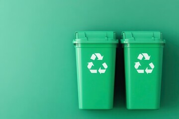 Two green recycling bins with white recycling symbols, set against a matching green background, promoting environmental awareness and waste management.