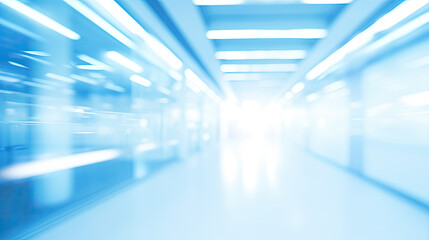 Abstract Blurred Modern Office Hallway with Bright Blue Lighting