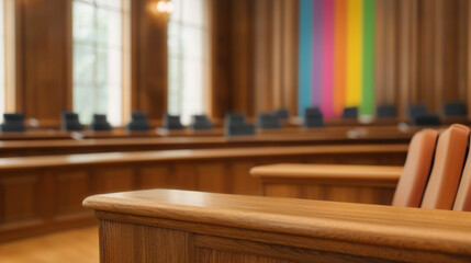 modern courtroom interior featuring wooden benches and colorful wall art, creating vibrant atmosphere